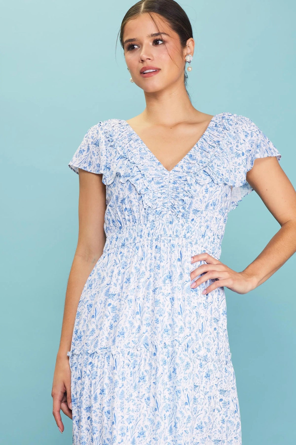 PinkBlush Blue Floral Front Ruched Ruffle Shoulder Tiered Midi Dress - 