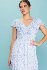 PinkBlush Blue Floral Front Ruched Ruffle Shoulder Tiered Midi Dress - 