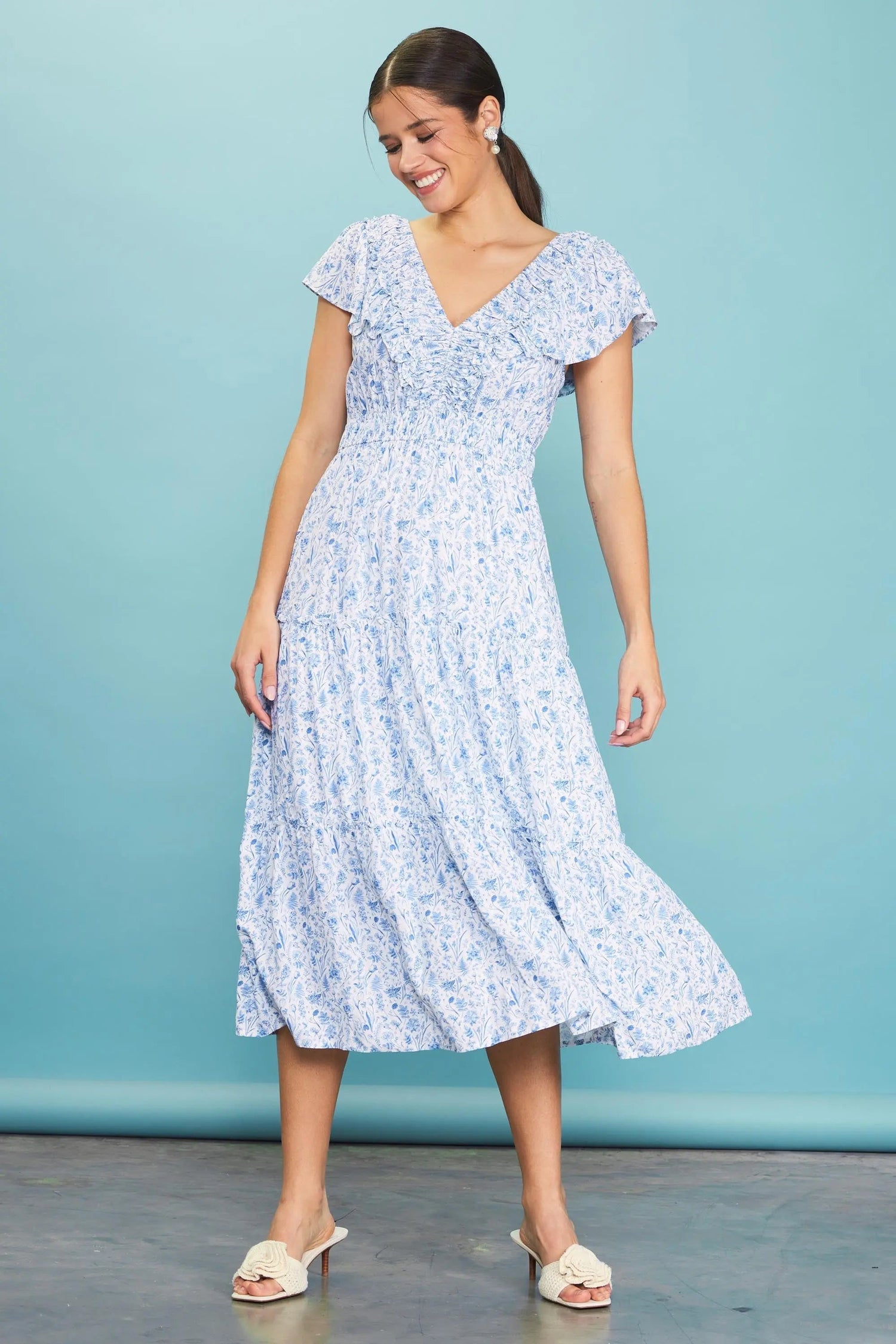 PinkBlush Blue Floral Front Ruched Ruffle Shoulder Tiered Midi Dress - 