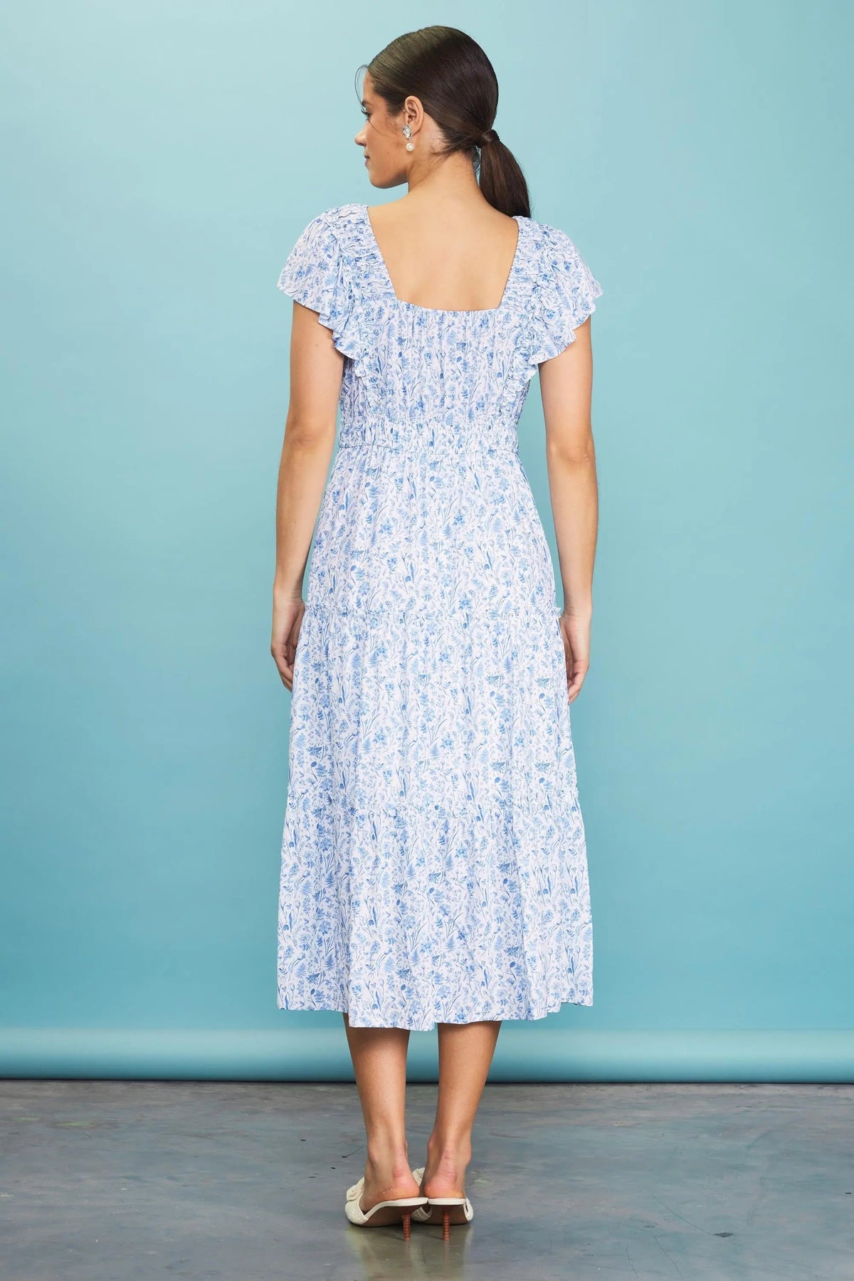 PinkBlush Blue Floral Front Ruched Ruffle Shoulder Tiered Midi Dress - 