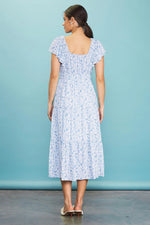 PinkBlush Blue Floral Front Ruched Ruffle Shoulder Tiered Midi Dress - 
