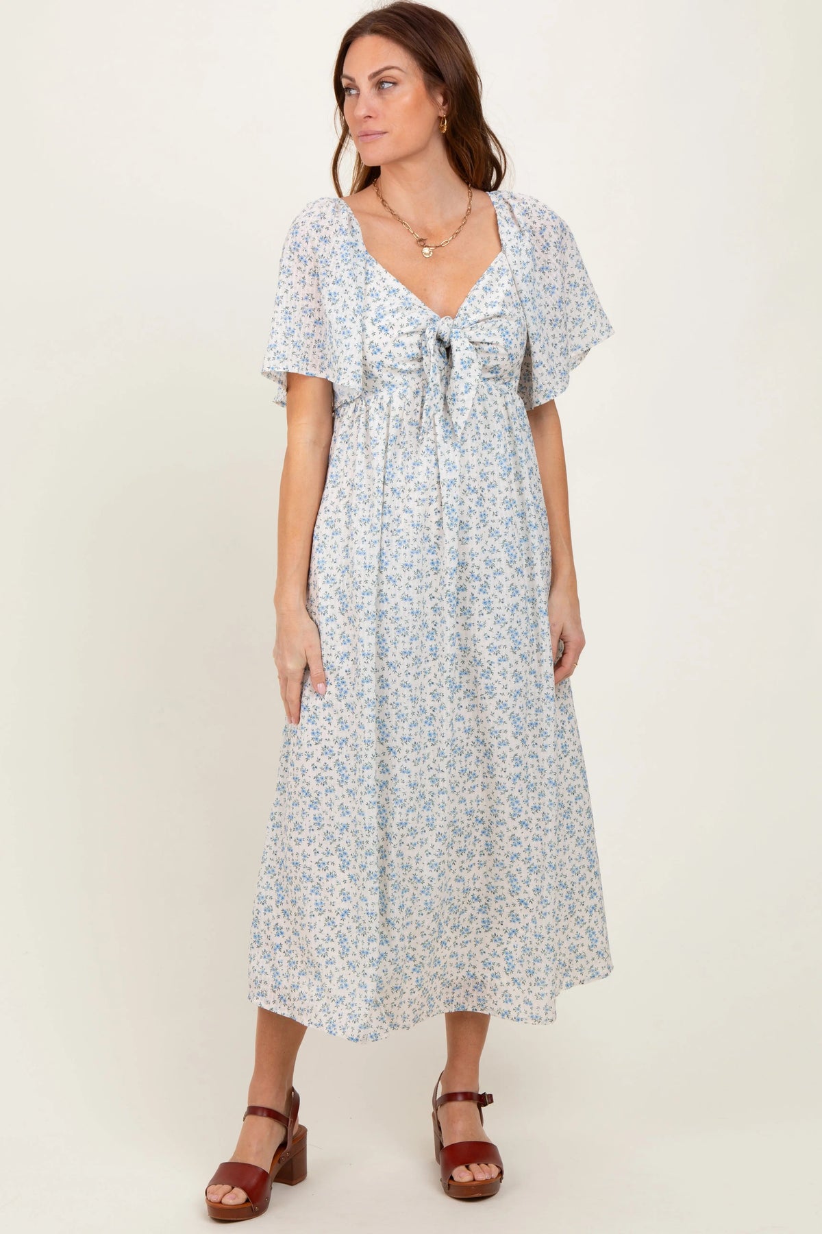 PinkBlush Blue Floral Front Tie Midi Dress - 