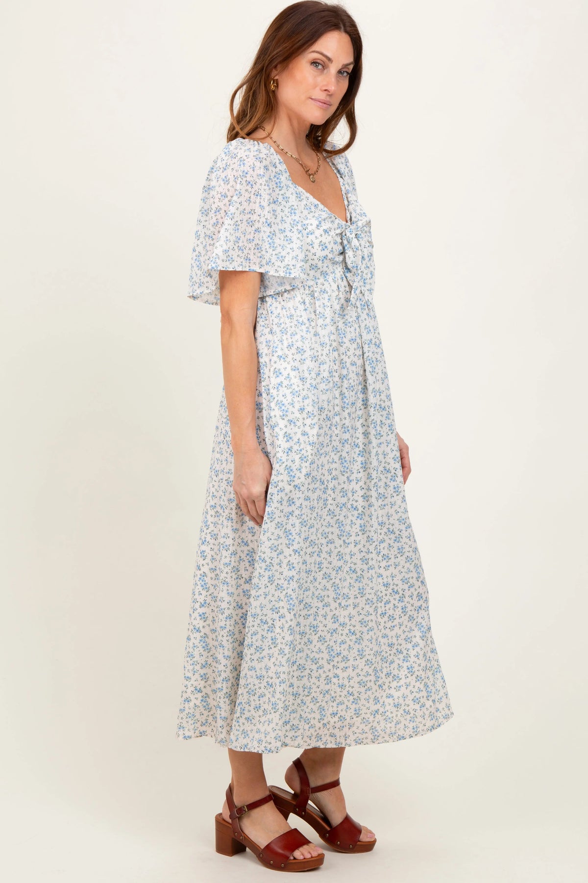 PinkBlush Blue Floral Front Tie Midi Dress - 