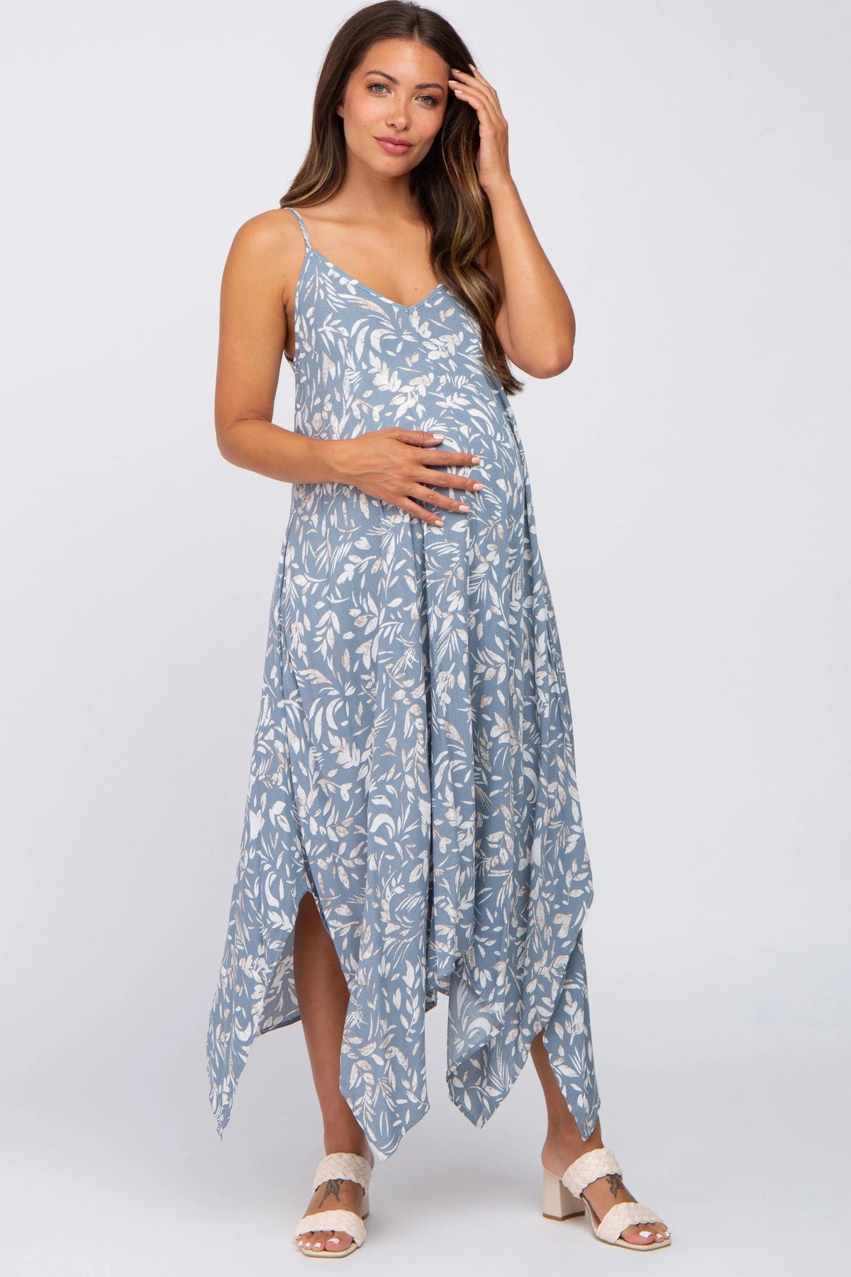 PinkBlush Blue Floral Handkerchief Maternity Midi Dress - 