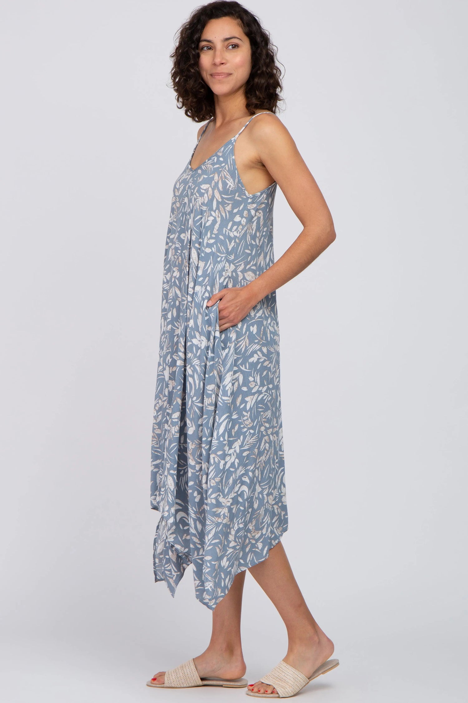 PinkBlush Blue Floral Handkerchief Midi Dress - 