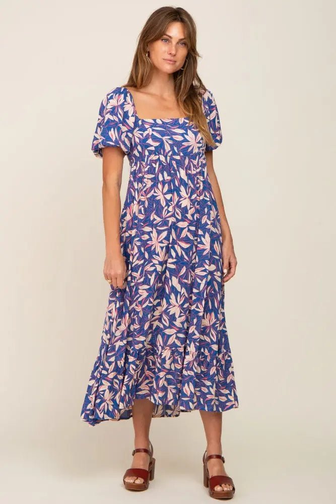 Blue Floral Puff Sleeve Midi Dress - Day Dress, One-piece garment, Dress, Waist, Fashion Model | Everetts Place