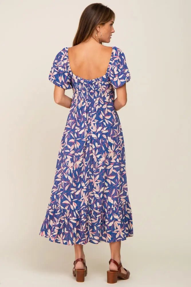 PinkBlush Blue Floral Puff Sleeve Midi Dress - 