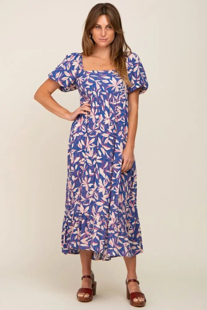 PinkBlush Blue Floral Puff Sleeve Midi Dress - 