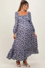 PinkBlush Blue Floral Reversible Long Sleeve Maternity Maxi Dress - 