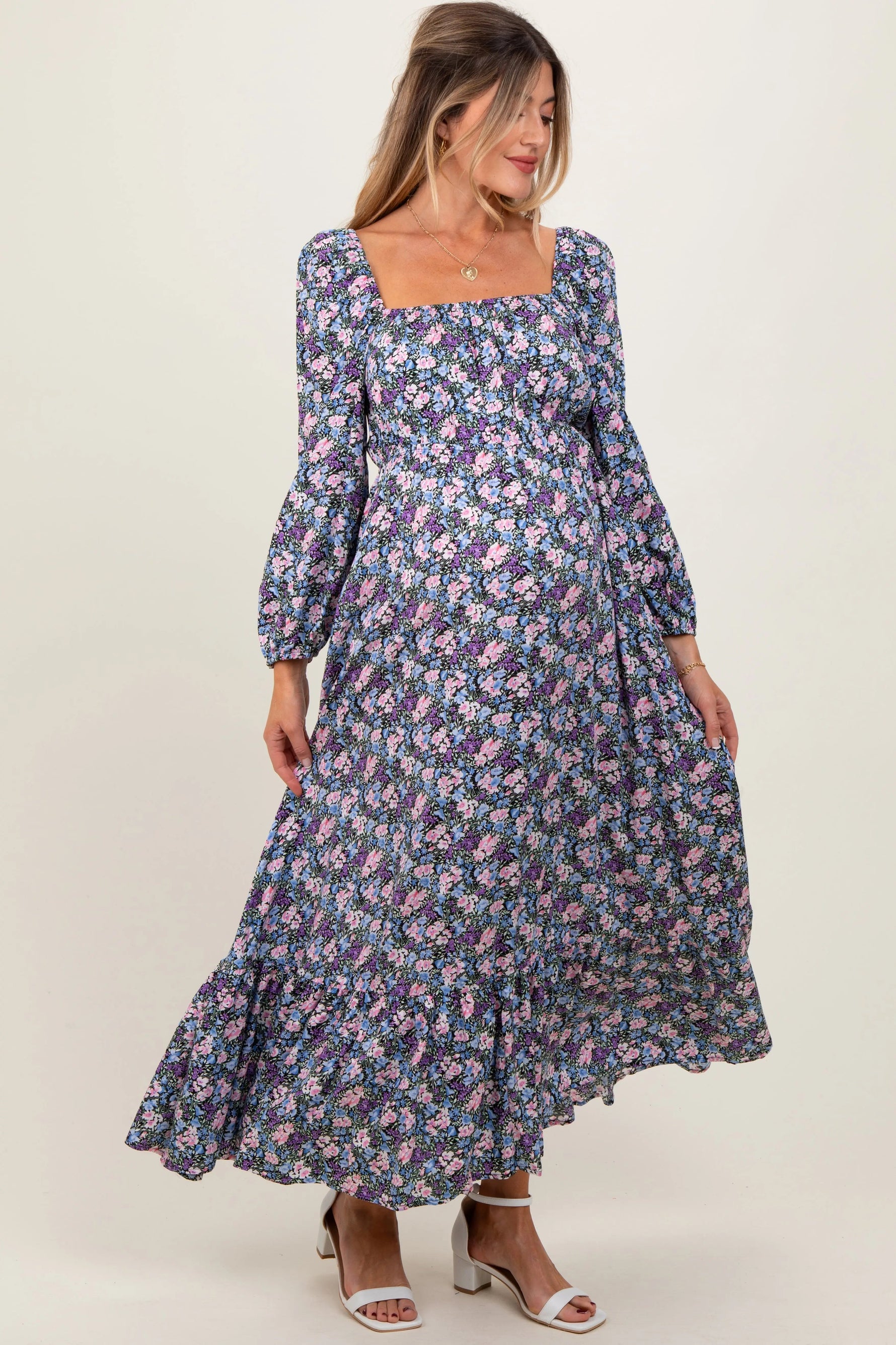 PinkBlush Blue Floral Reversible Long Sleeve Maternity Maxi Dress - 