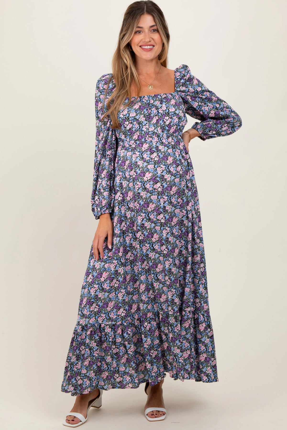 Blue Floral Reversible Long Sleeve Maternity Maxi Dress - Neck, Day Dress, One-piece garment, Formal wear, Dress | Everetts Place