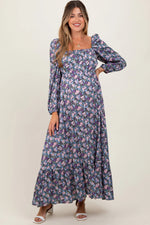 Blue Floral Reversible Long Sleeve Maternity Maxi Dress - Neck, Day Dress, One-piece garment, Formal wear, Dress | Everetts Place
