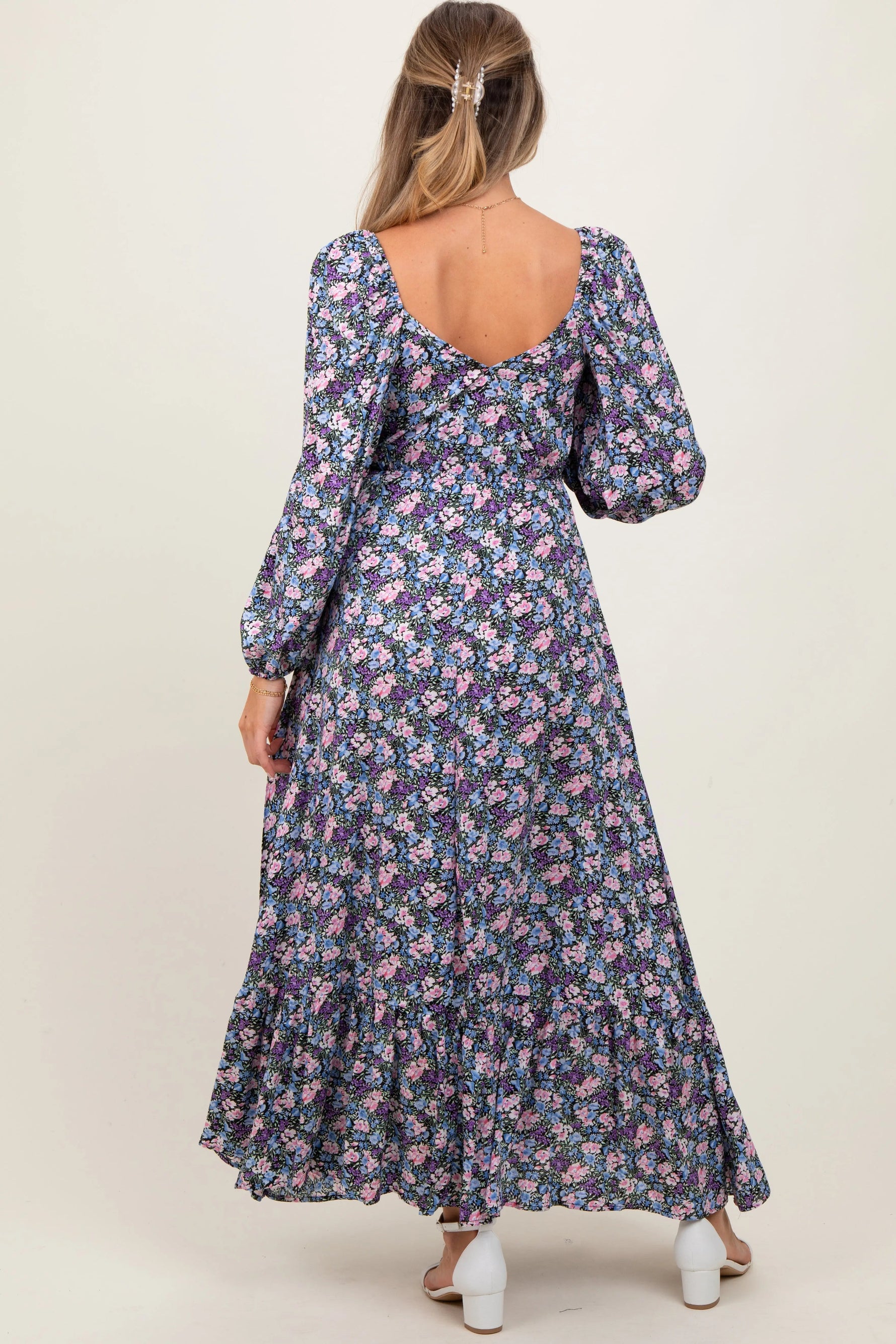 PinkBlush Blue Floral Reversible Long Sleeve Maternity Maxi Dress - 