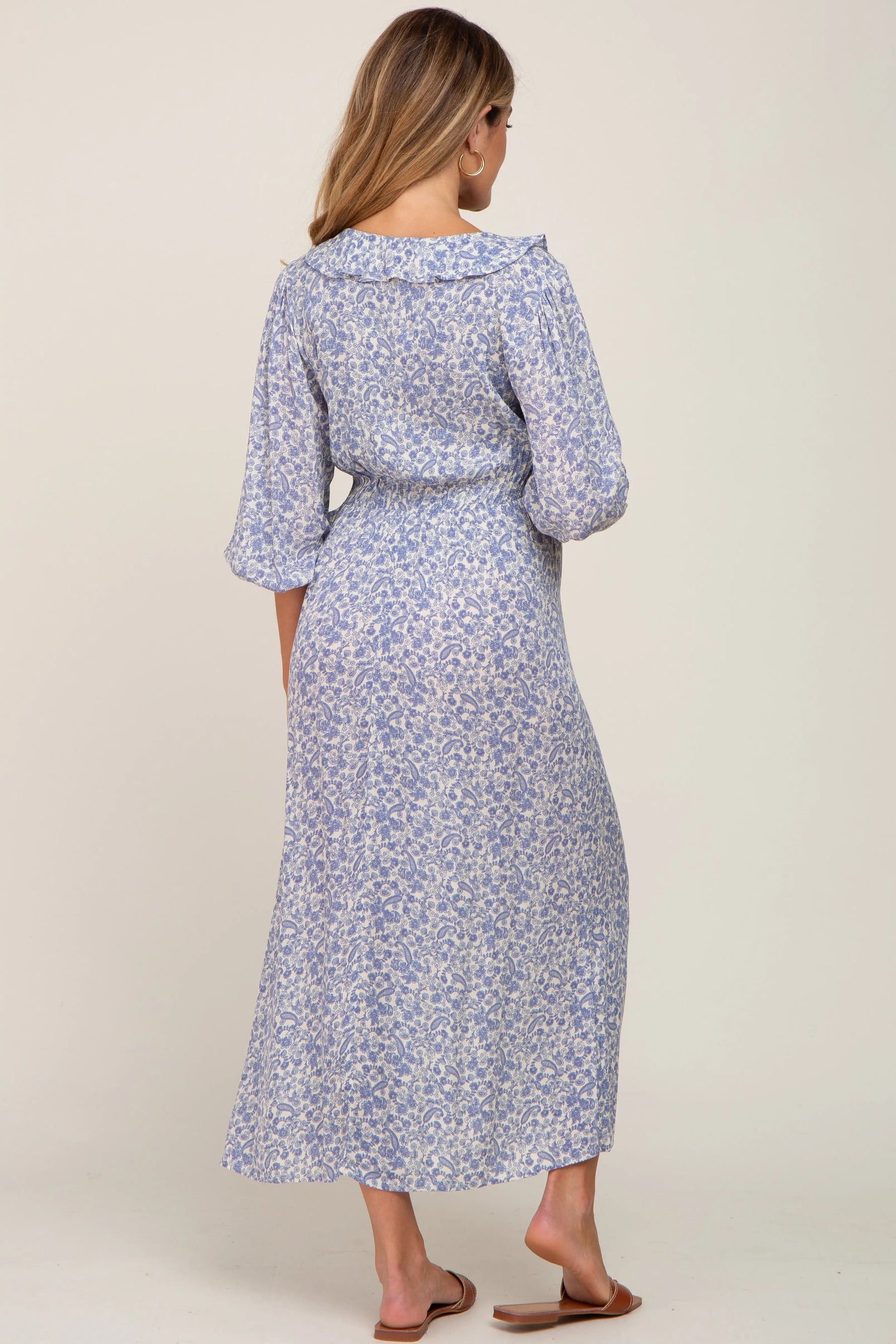 PinkBlush Blue Floral Ruffle V - Neck Maternity Midi Dress - 