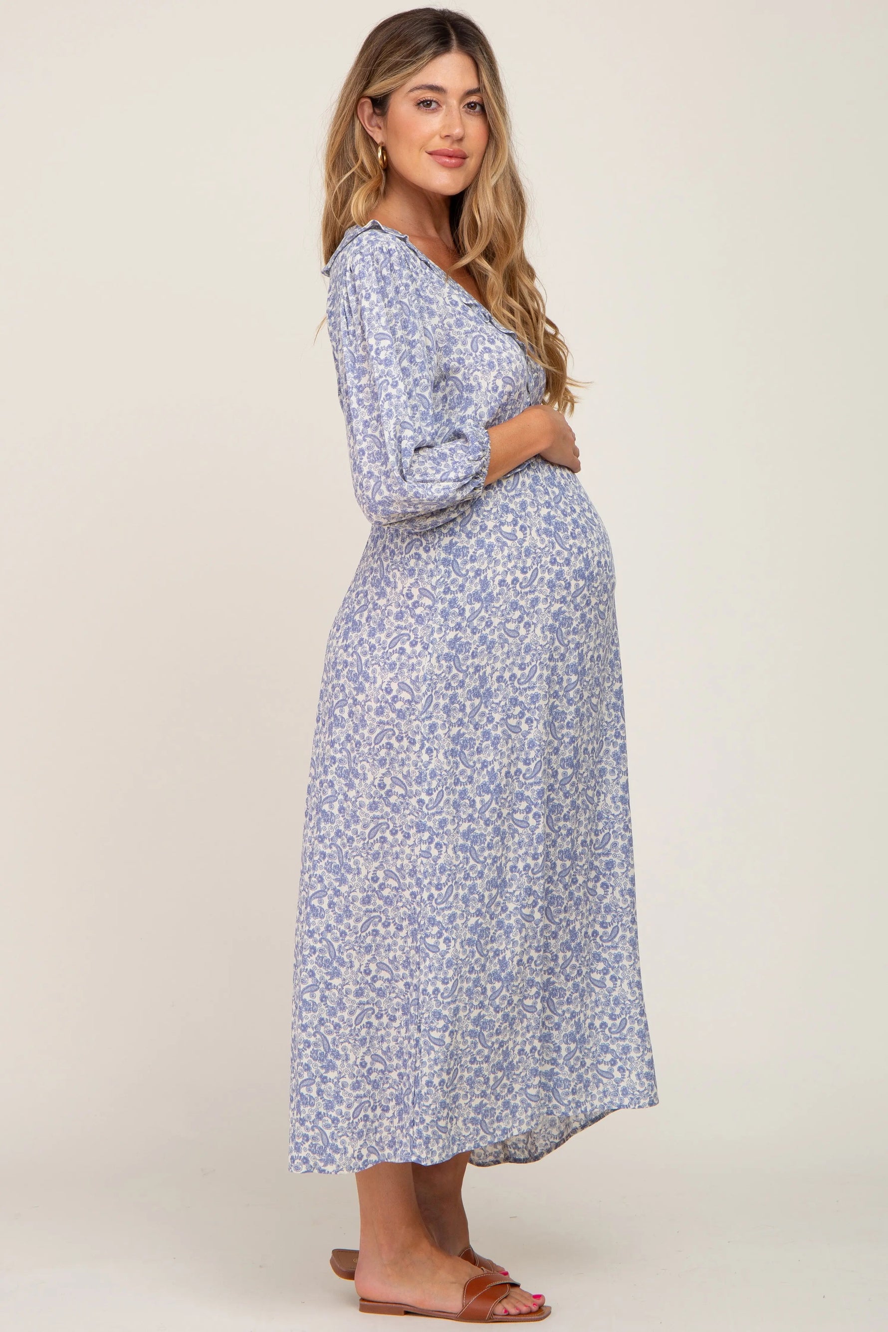 PinkBlush Blue Floral Ruffle V - Neck Maternity Midi Dress - 