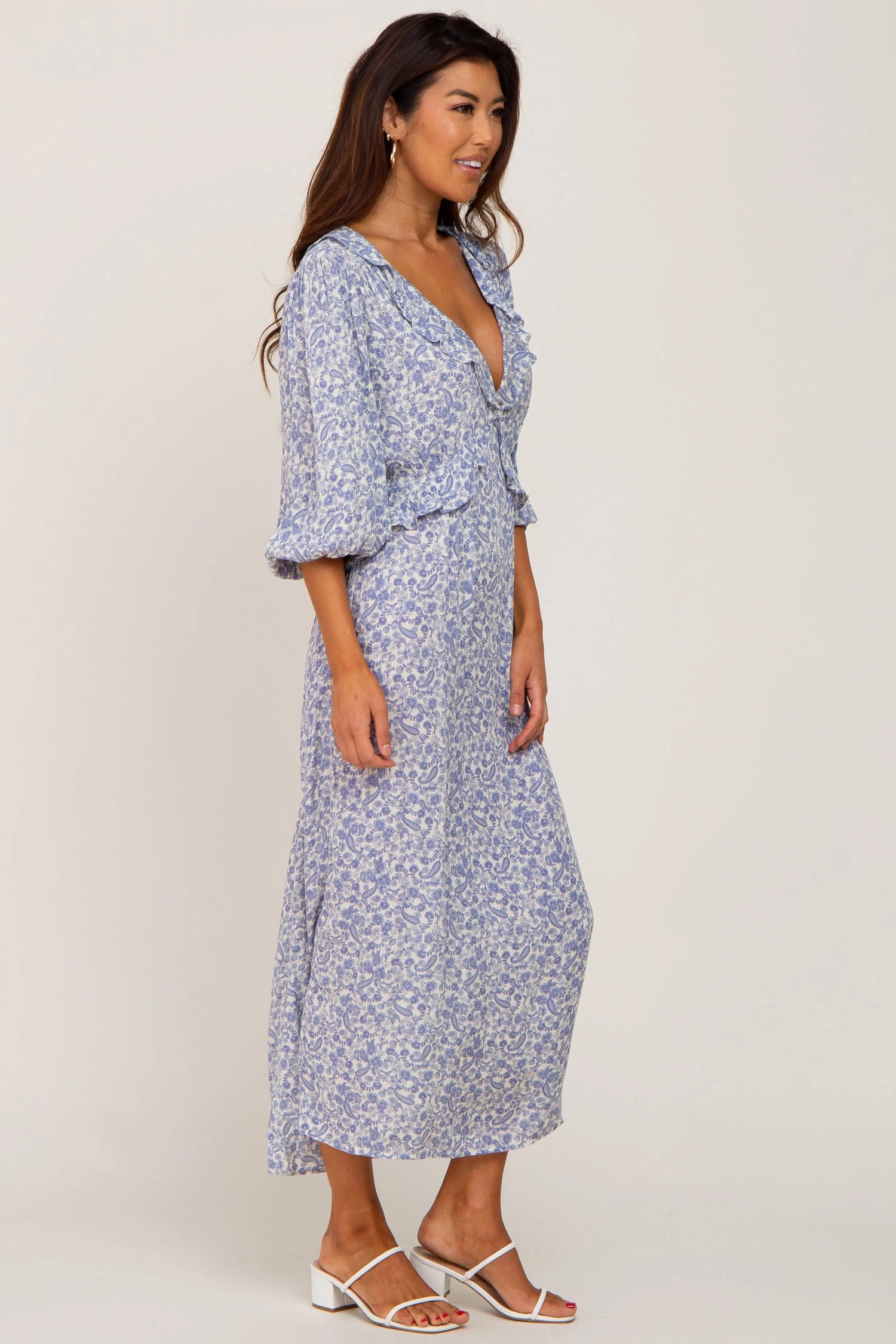 PinkBlush Blue Floral Ruffle V - Neck Midi Dress - 