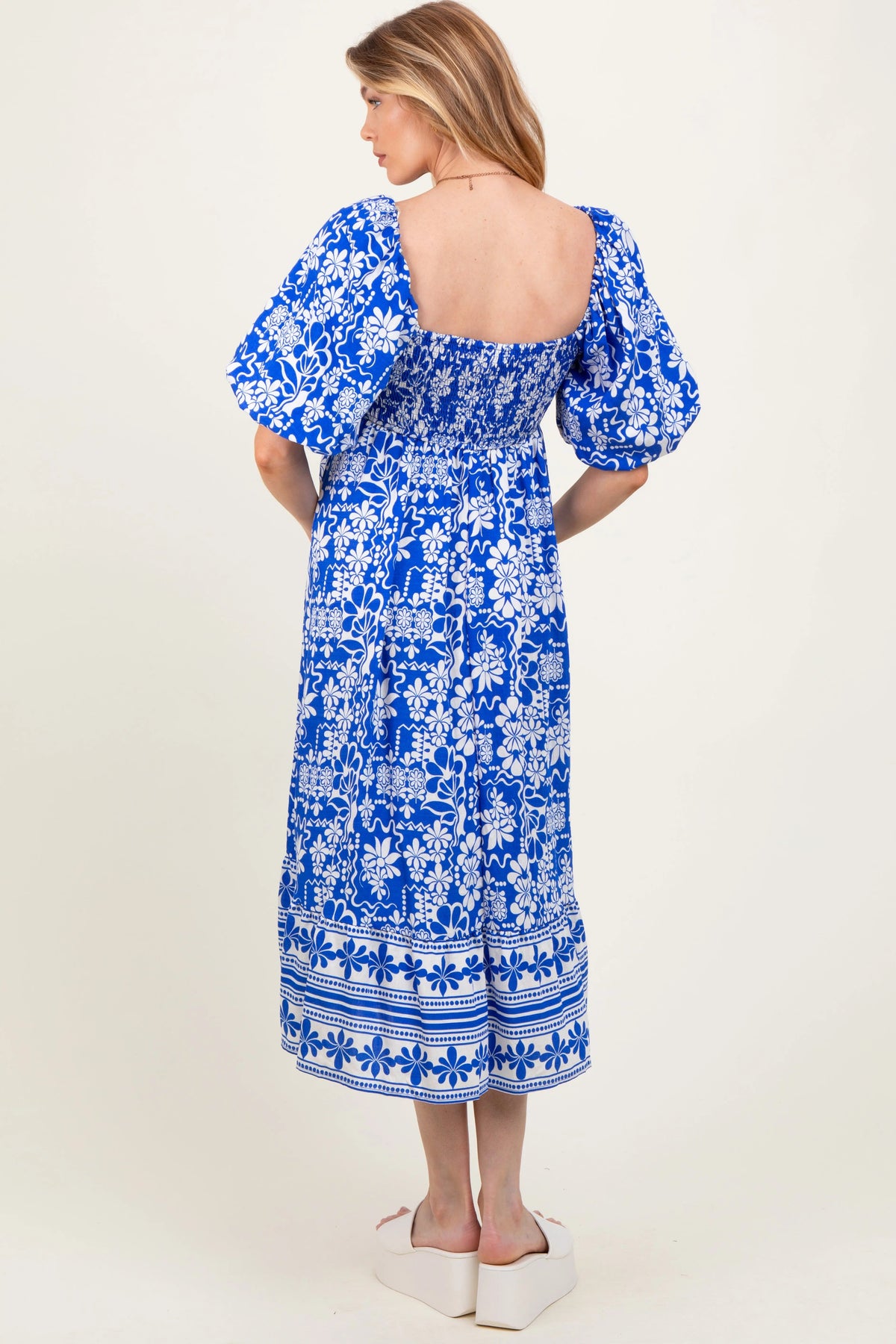 PinkBlush Blue Floral Scallop Trim Maternity Midi Dress - 