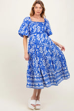 PinkBlush Blue Floral Scallop Trim Maternity Midi Dress - 