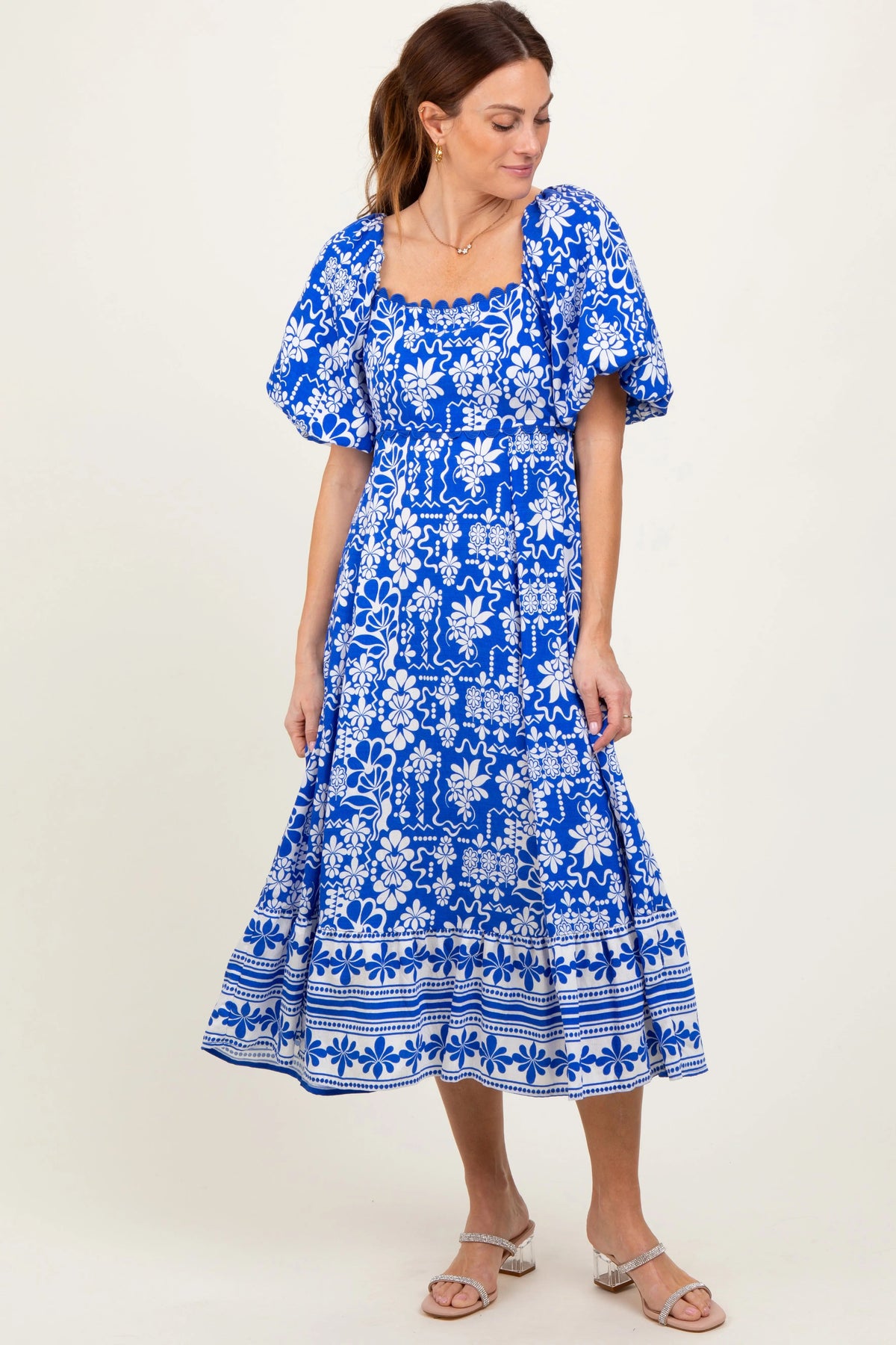 PinkBlush Blue Floral Scallop Trim Maternity Midi Dress - 