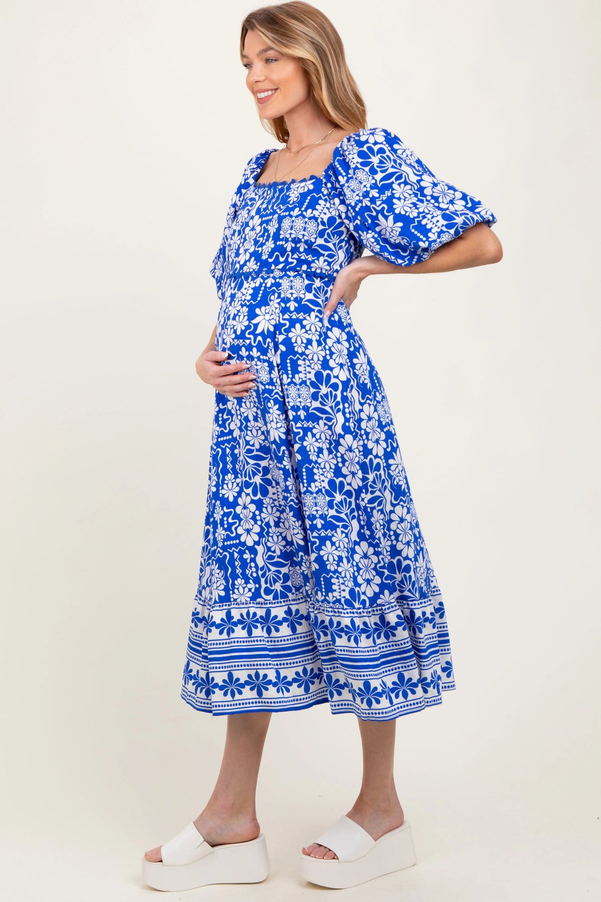 PinkBlush Blue Floral Scallop Trim Maternity Midi Dress - 