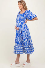 PinkBlush Blue Floral Scallop Trim Maternity Midi Dress - 