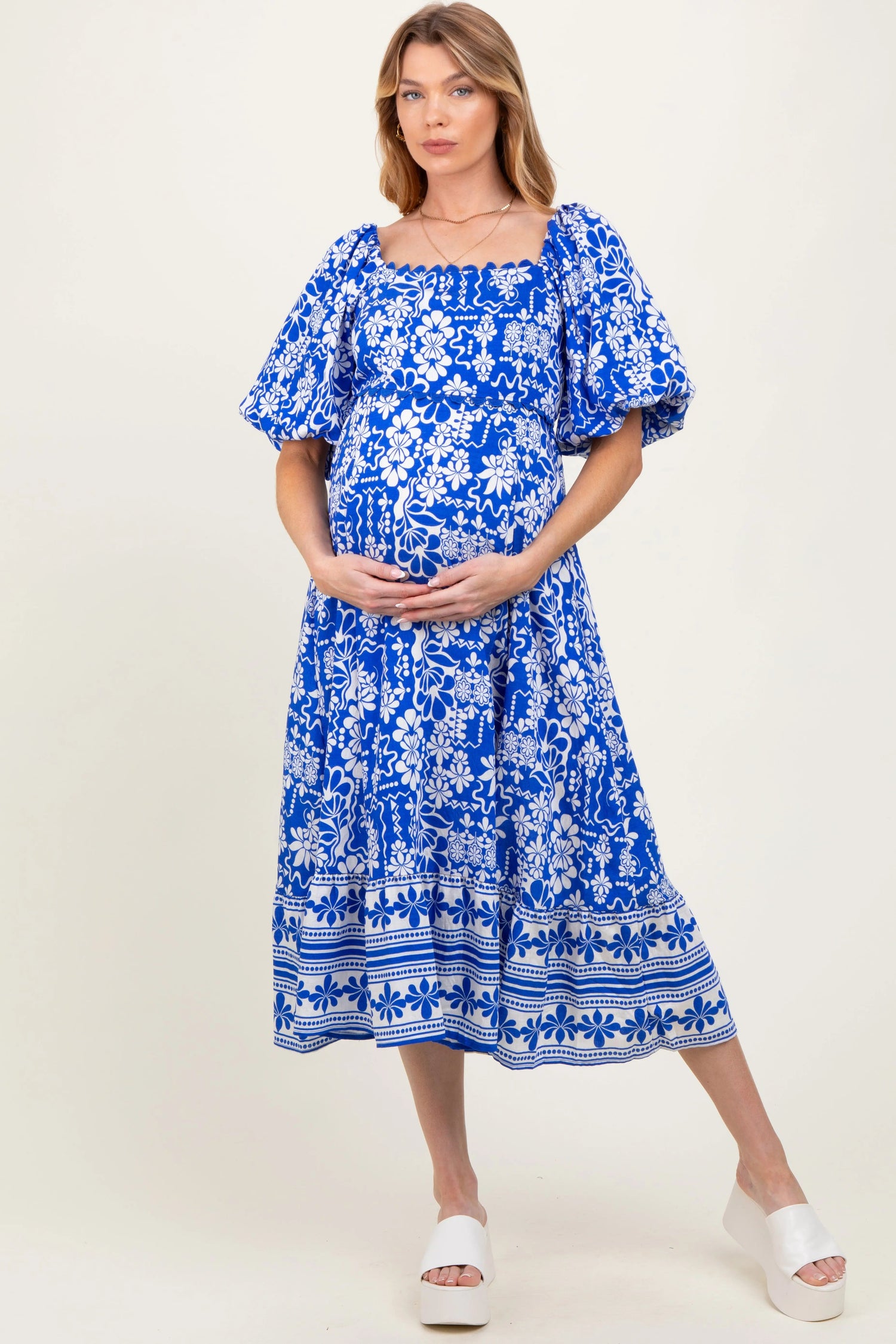 PinkBlush Blue Floral Scallop Trim Maternity Midi Dress - 