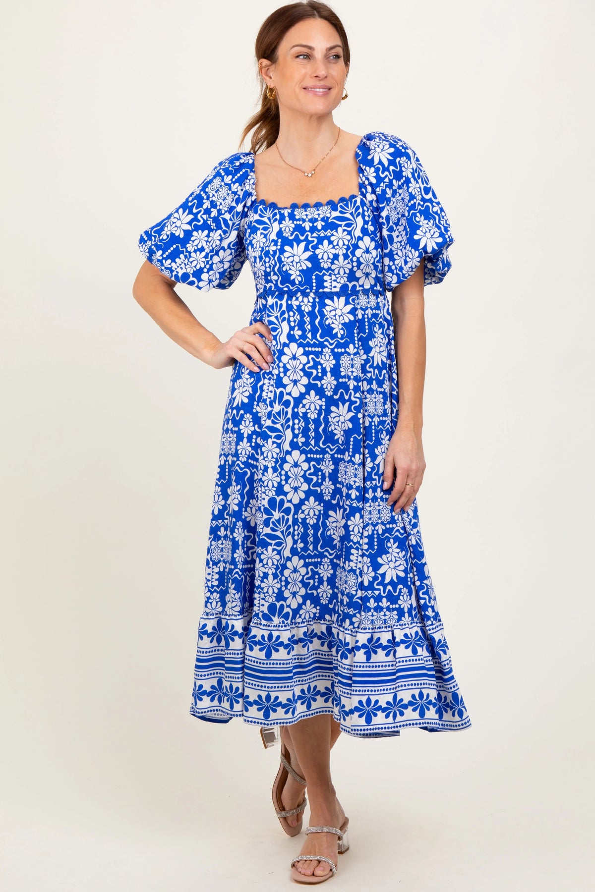 PinkBlush Blue Floral Scallop Trim Midi Dress - 