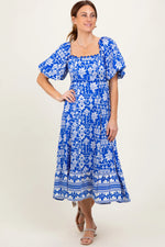 PinkBlush Blue Floral Scallop Trim Midi Dress - 