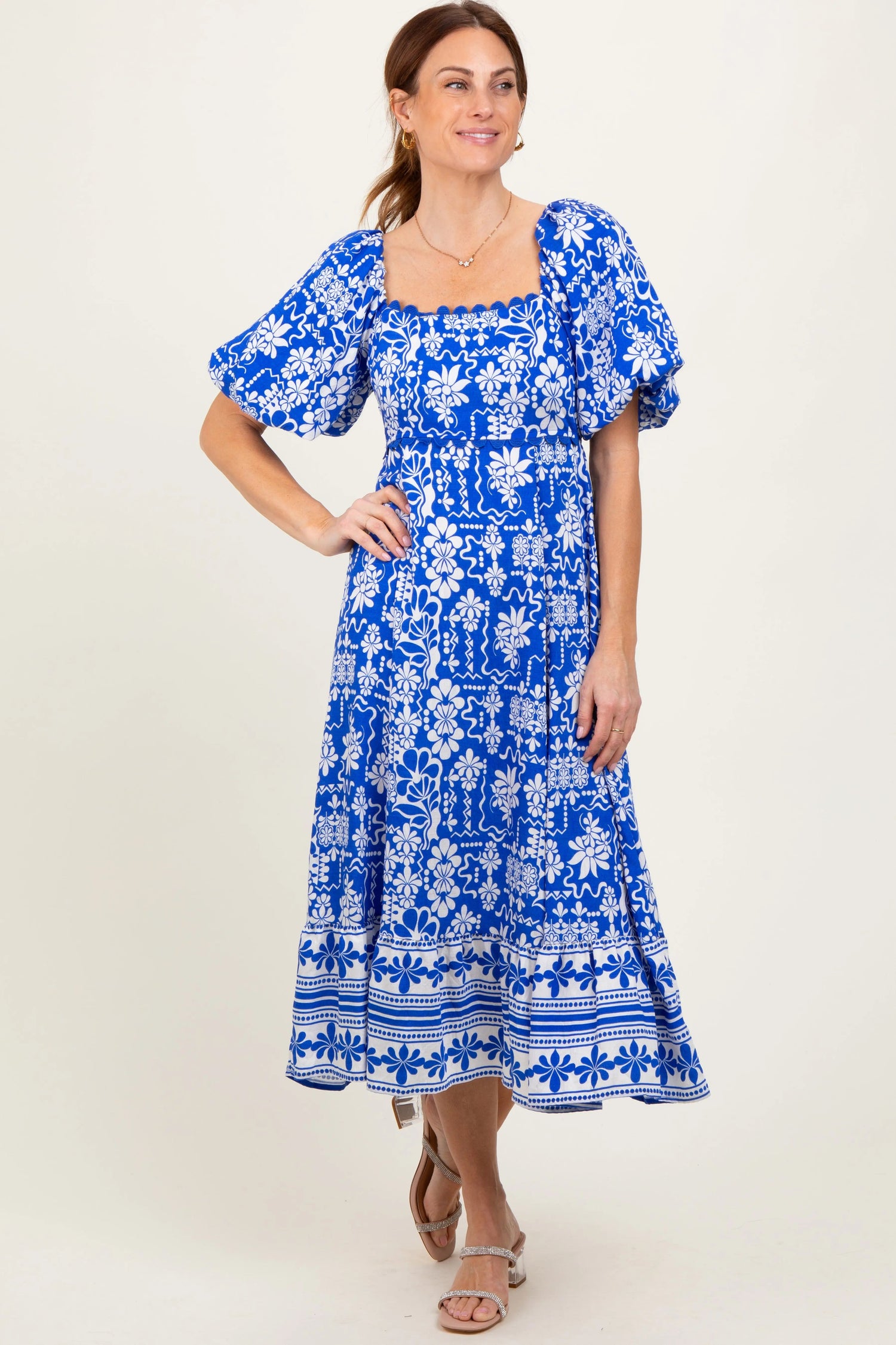 PinkBlush Blue Floral Scallop Trim Midi Dress - 