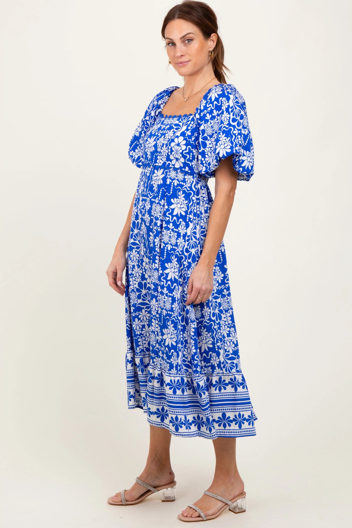 PinkBlush Blue Floral Scallop Trim Midi Dress - 