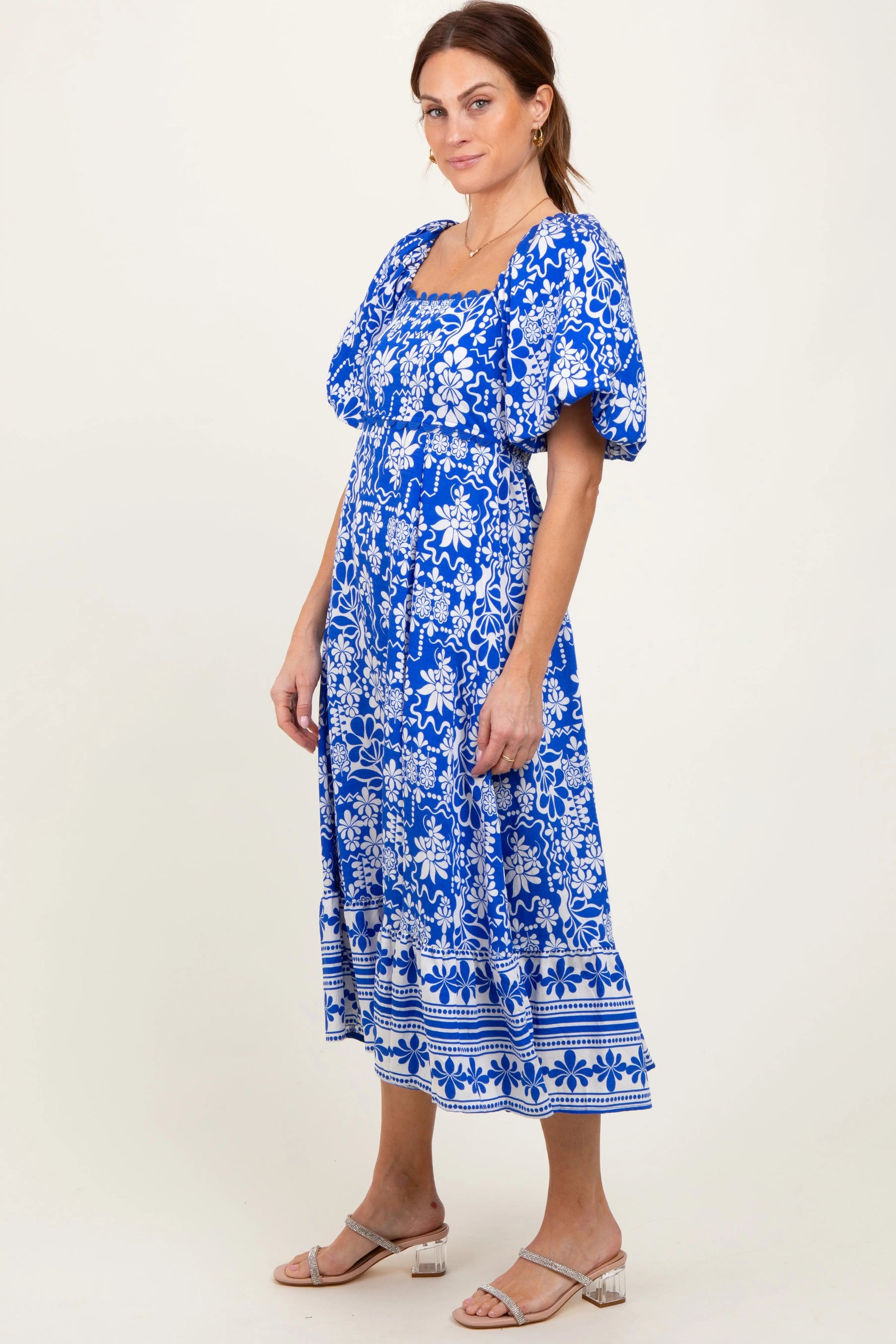 PinkBlush Blue Floral Scallop Trim Midi Dress - 