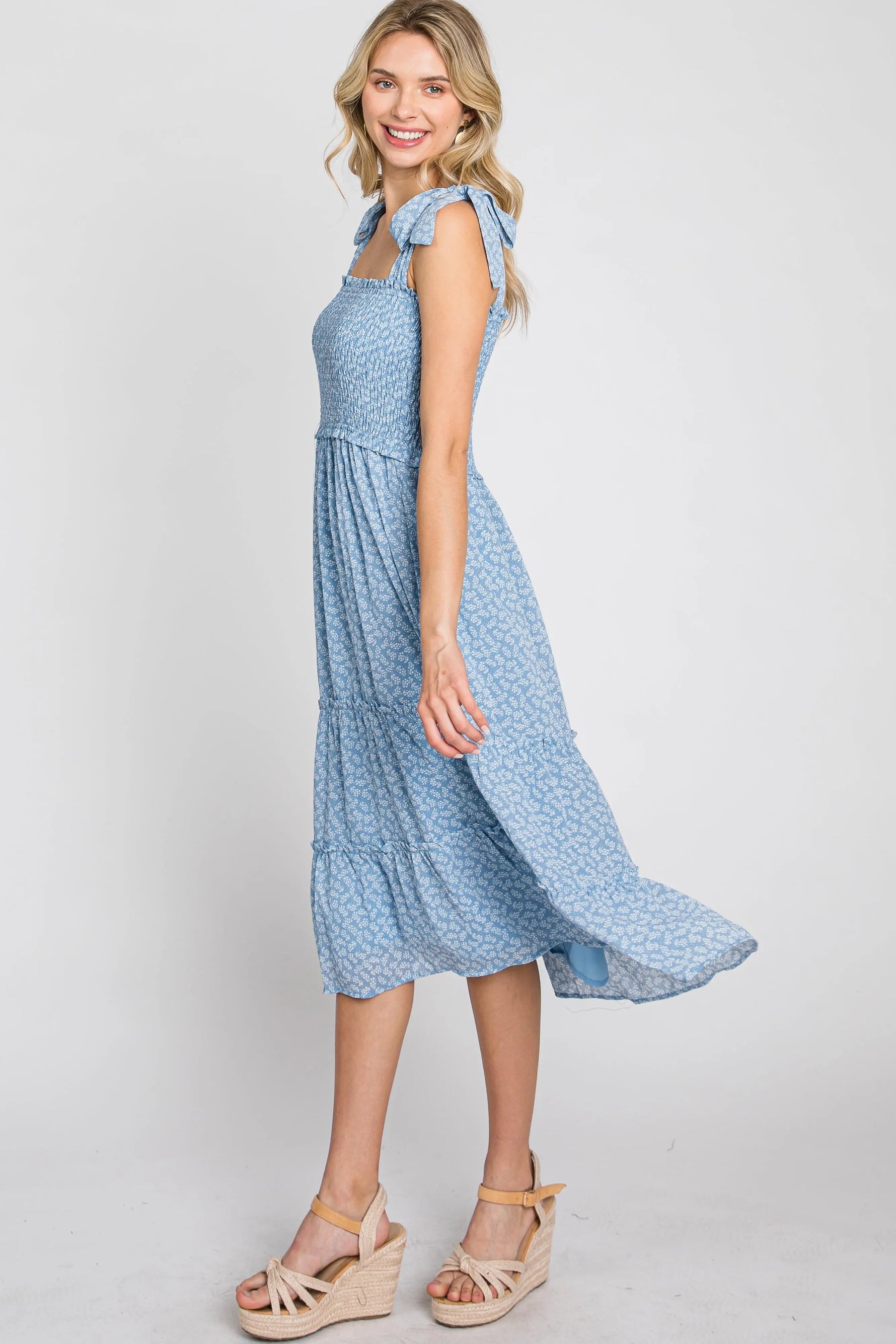 PinkBlush Blue Floral Sleeveless Smocked Tiered Midi Dress - 