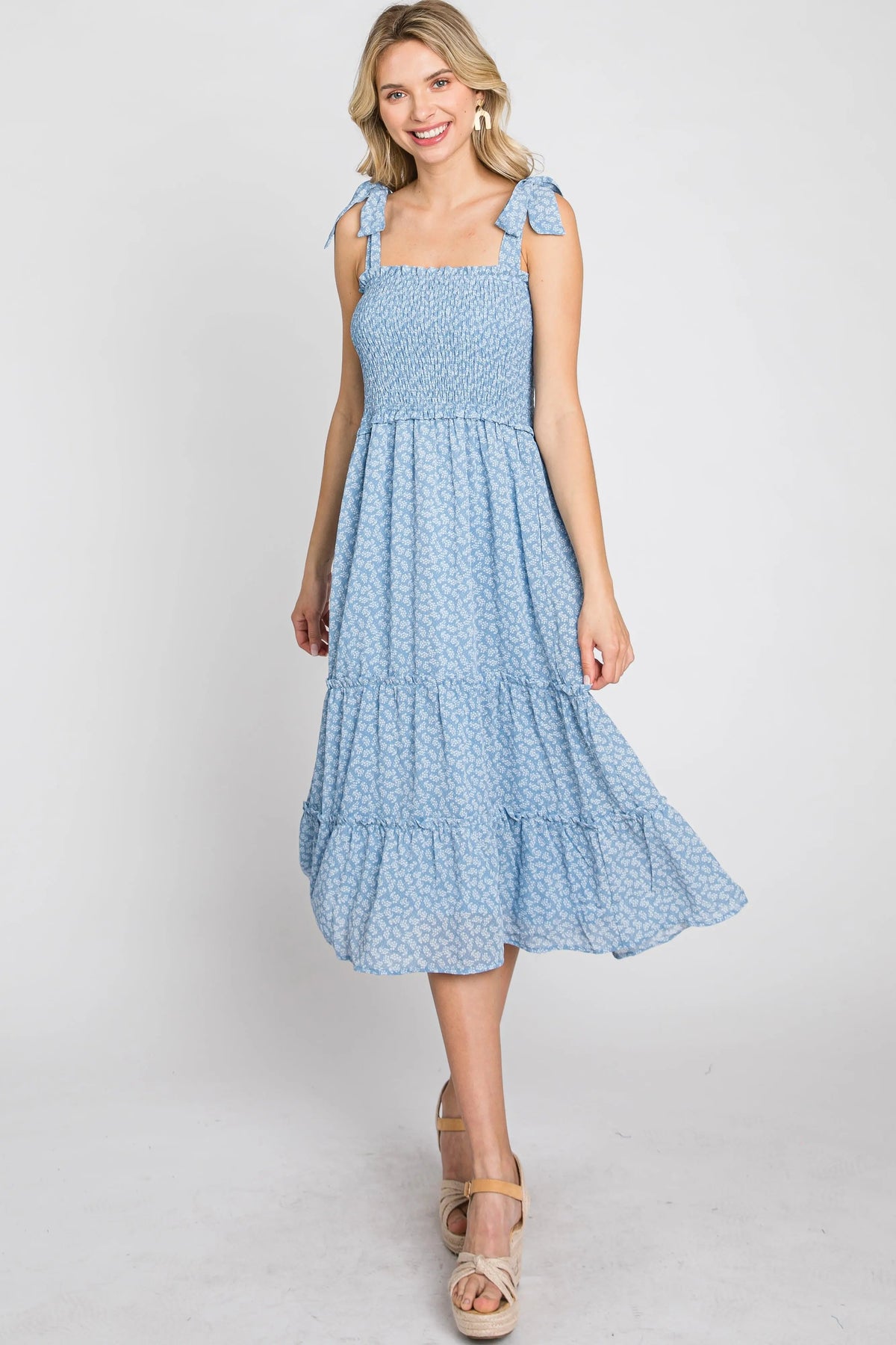 PinkBlush Blue Floral Sleeveless Smocked Tiered Midi Dress - 