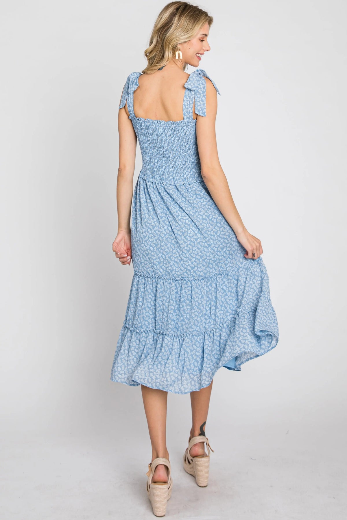 PinkBlush Blue Floral Sleeveless Smocked Tiered Midi Dress - 