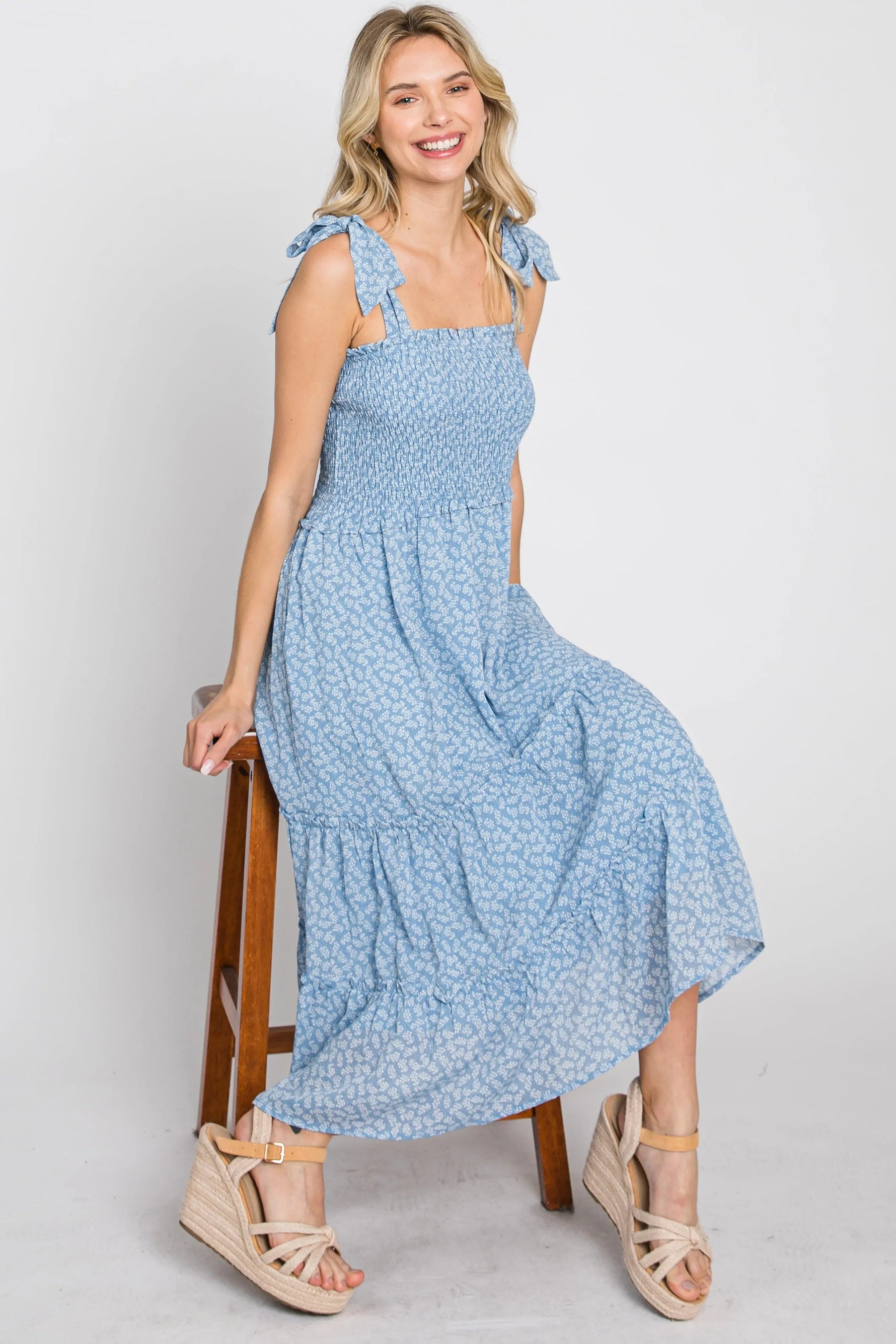 PinkBlush Blue Floral Sleeveless Smocked Tiered Midi Dress - 