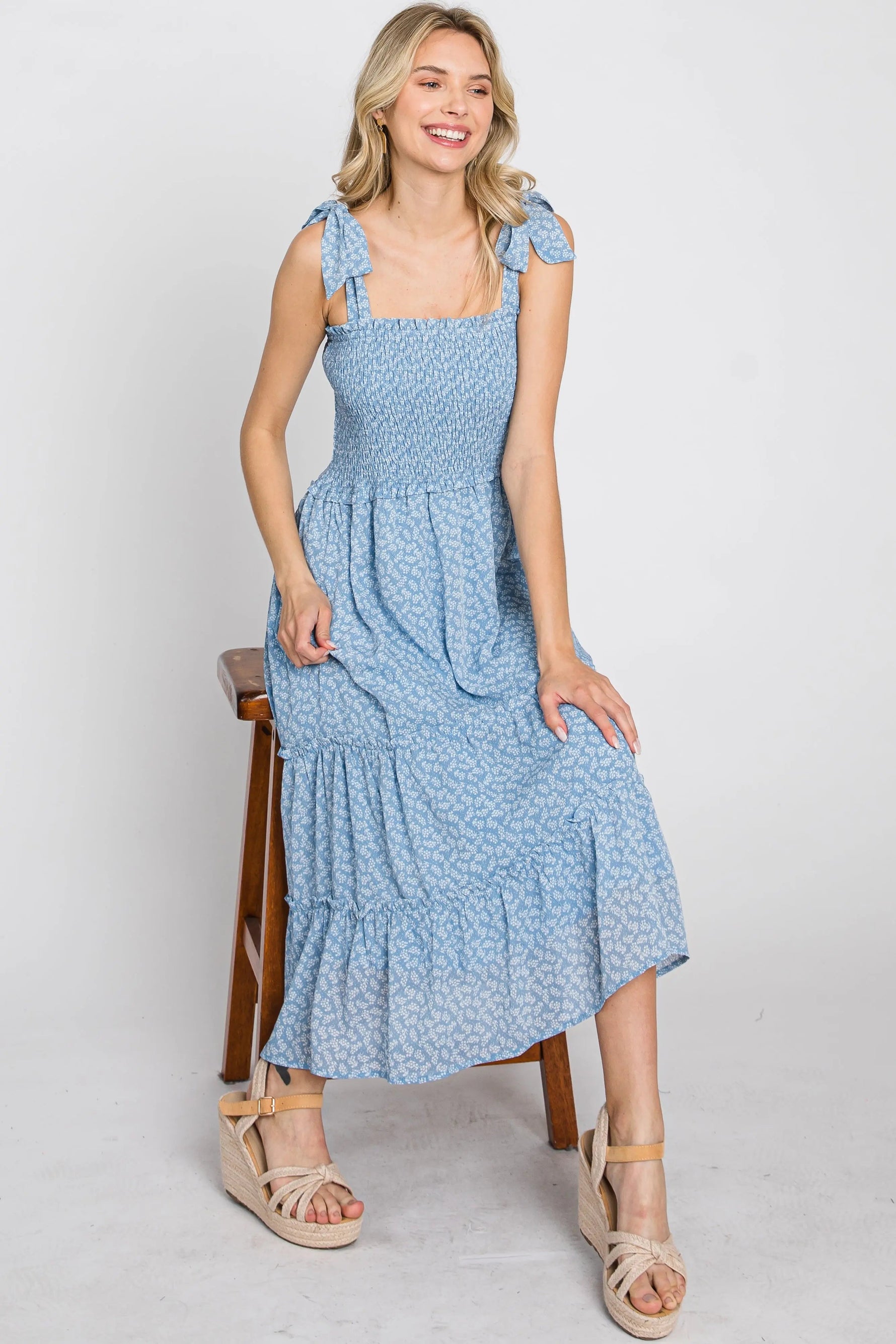 PinkBlush Blue Floral Sleeveless Smocked Tiered Midi Dress - 
