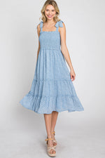 PinkBlush Blue Floral Sleeveless Smocked Tiered Midi Dress - 