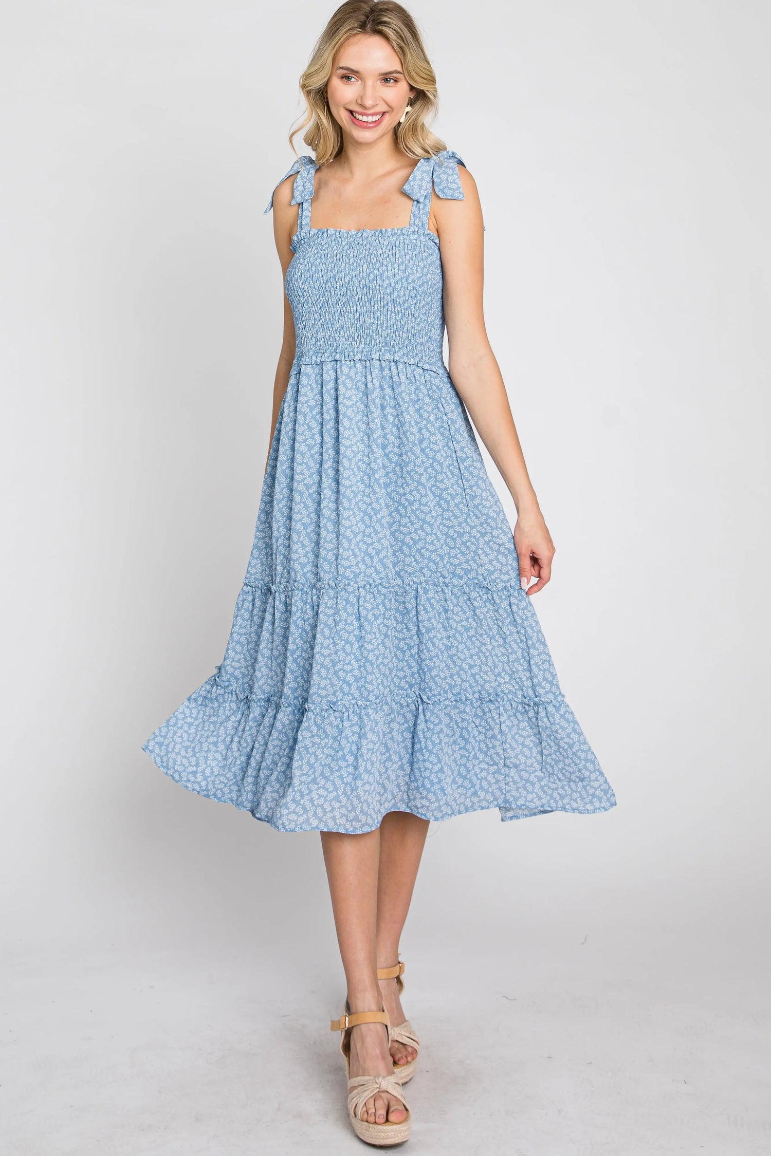 PinkBlush Blue Floral Sleeveless Smocked Tiered Midi Dress - 