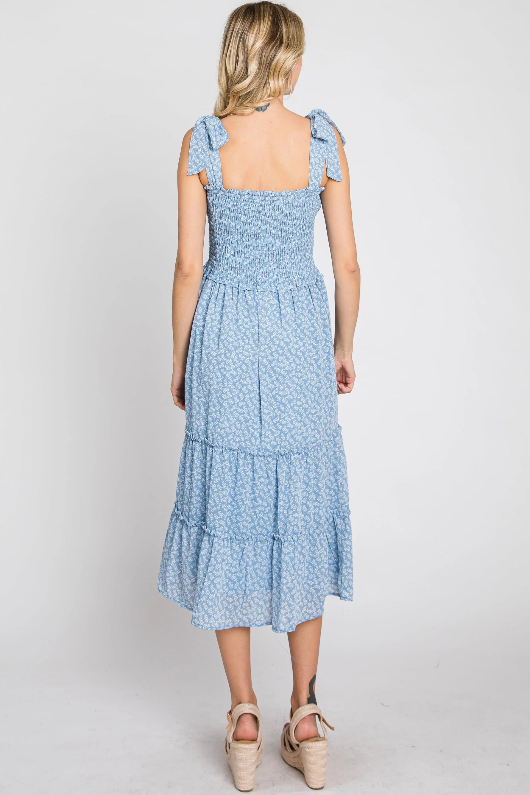 PinkBlush Blue Floral Sleeveless Smocked Tiered Midi Dress - 