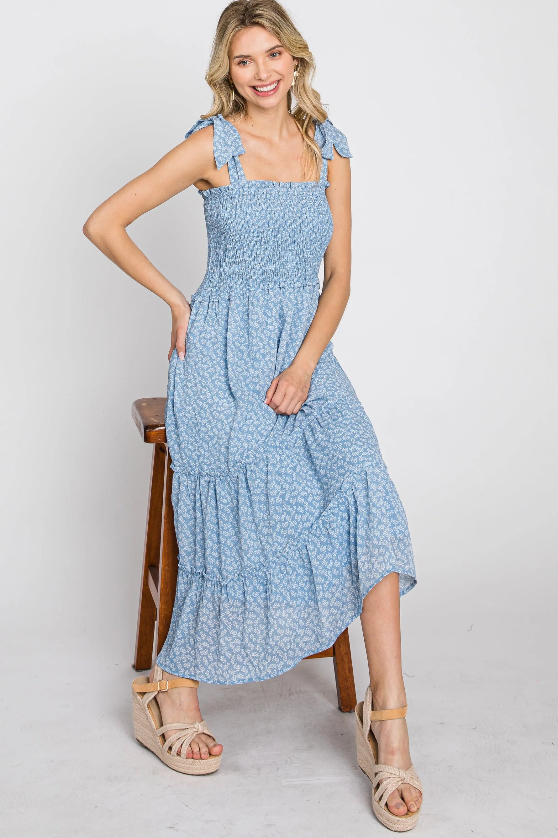 PinkBlush Blue Floral Sleeveless Smocked Tiered Midi Dress - 