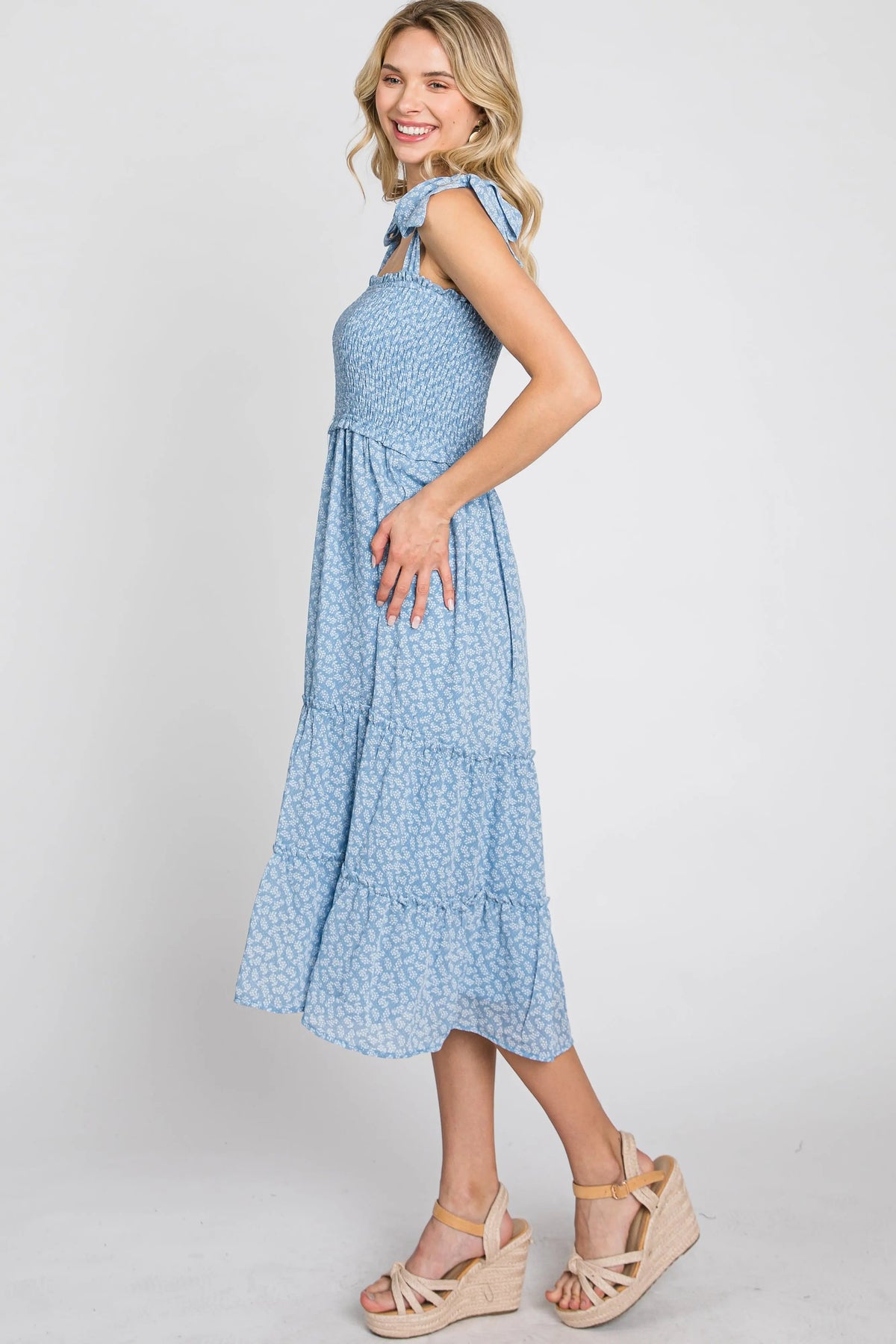 PinkBlush Blue Floral Sleeveless Smocked Tiered Midi Dress - 