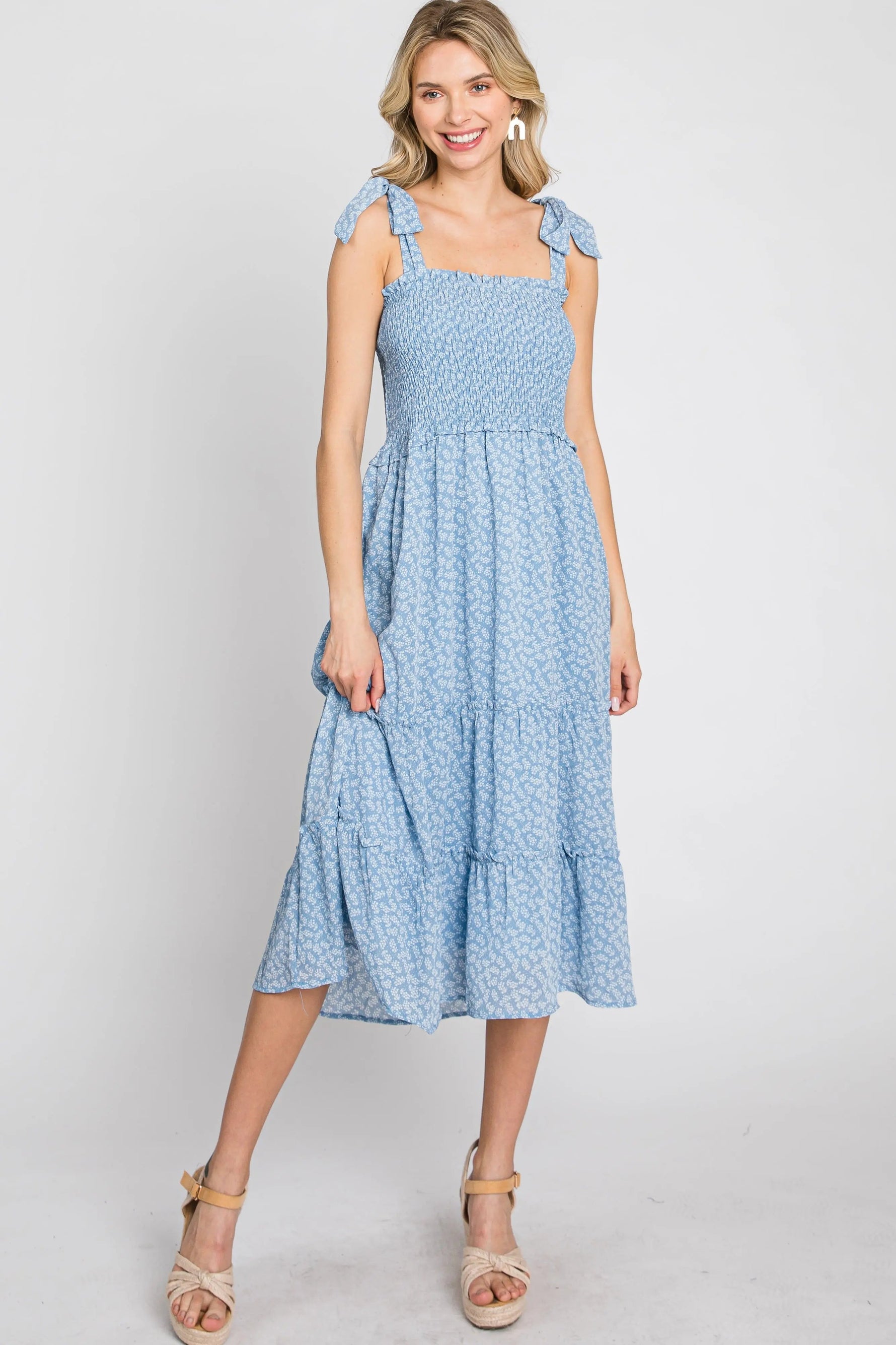 PinkBlush Blue Floral Sleeveless Smocked Tiered Midi Dress - 