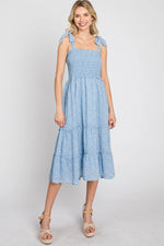 PinkBlush Blue Floral Sleeveless Smocked Tiered Midi Dress - 