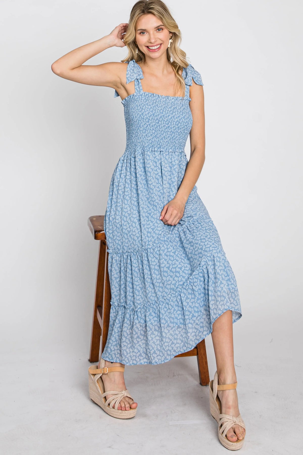 PinkBlush Blue Floral Sleeveless Smocked Tiered Midi Dress - 