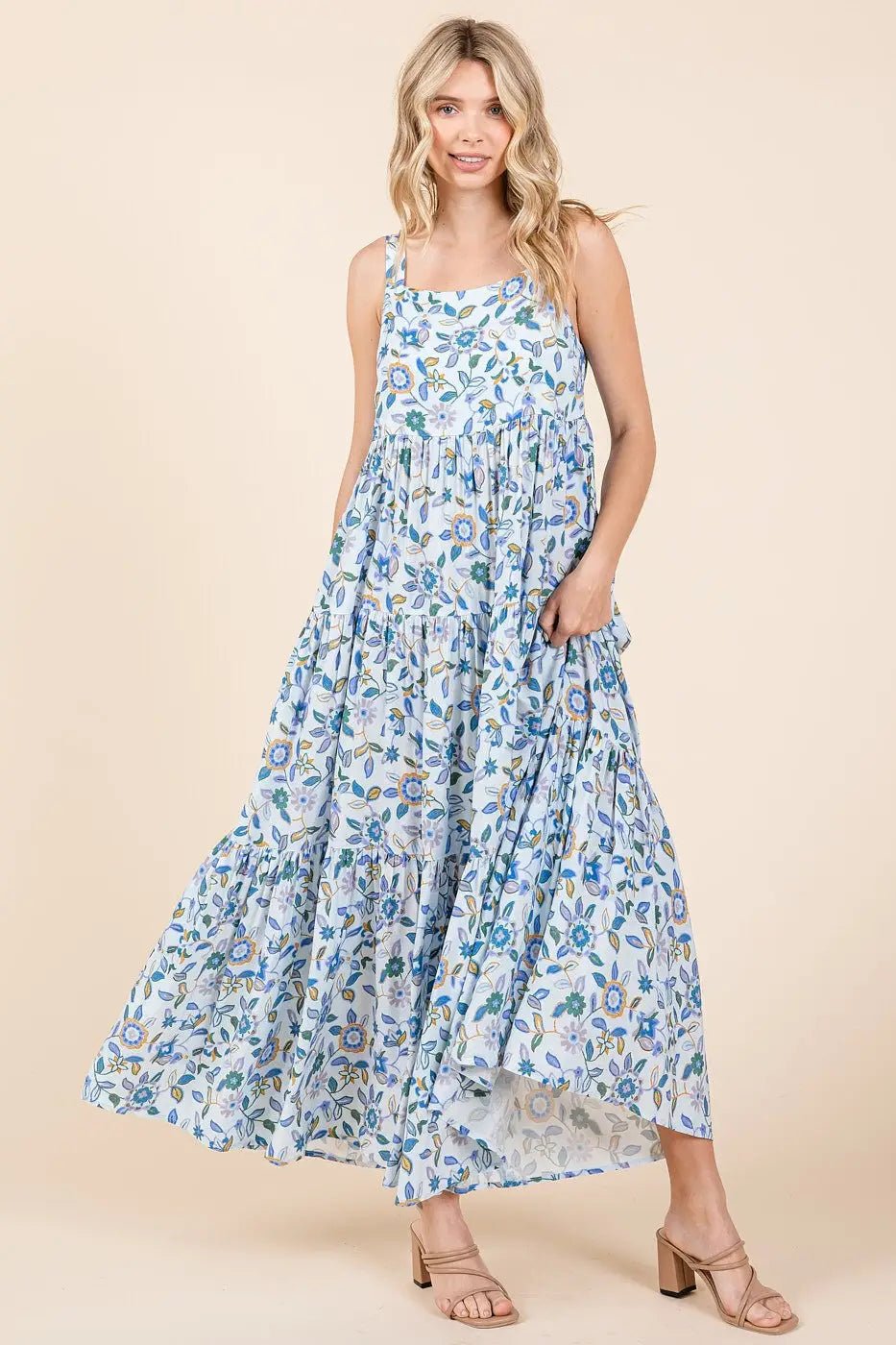 PinkBlush Blue Floral Sleeveless Tiered Maxi Dress - 