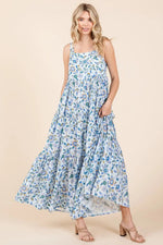 PinkBlush Blue Floral Sleeveless Tiered Maxi Dress - 