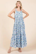 PinkBlush Blue Floral Sleeveless Tiered Maxi Dress - 