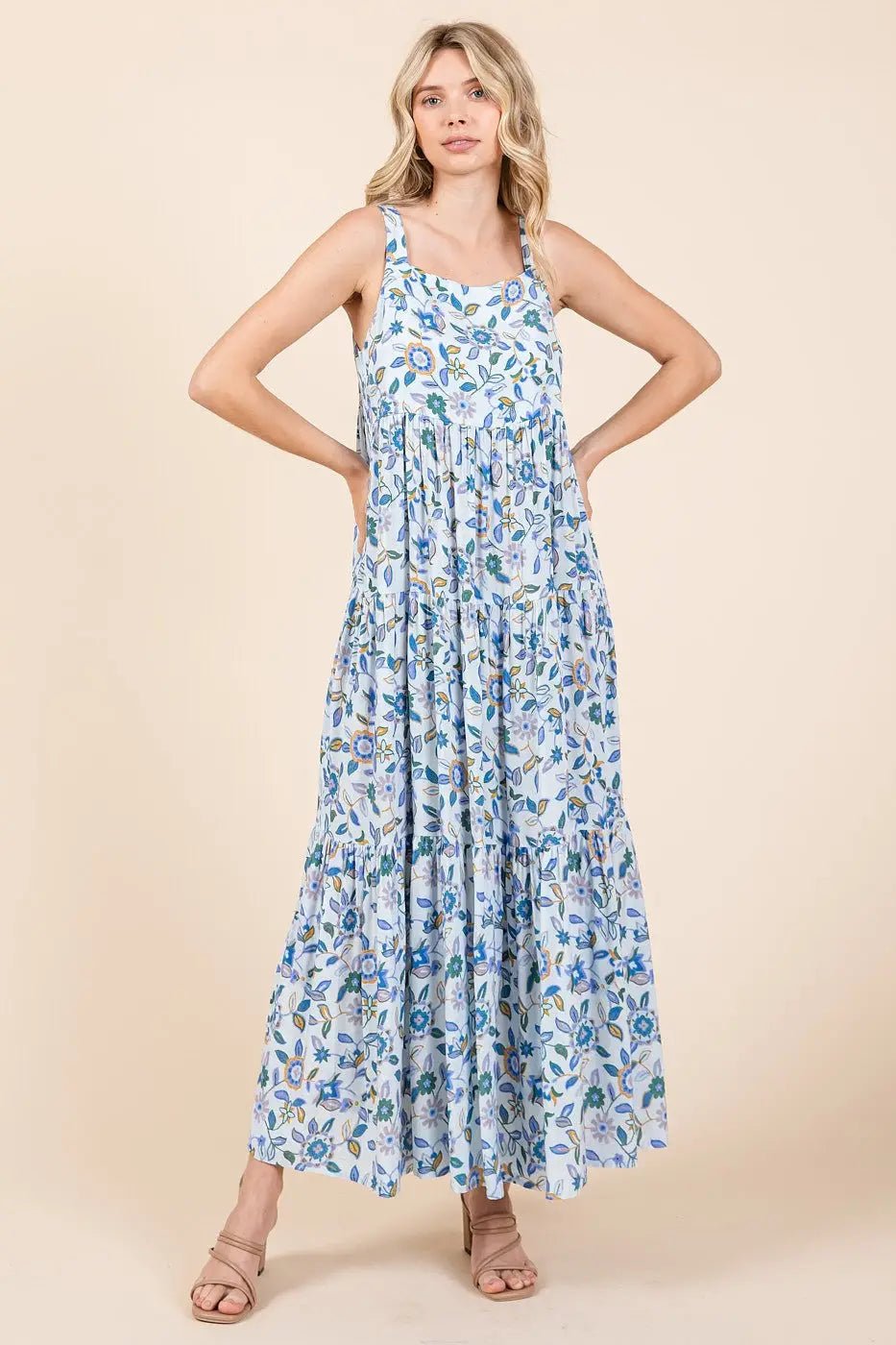 PinkBlush Blue Floral Sleeveless Tiered Maxi Dress - 