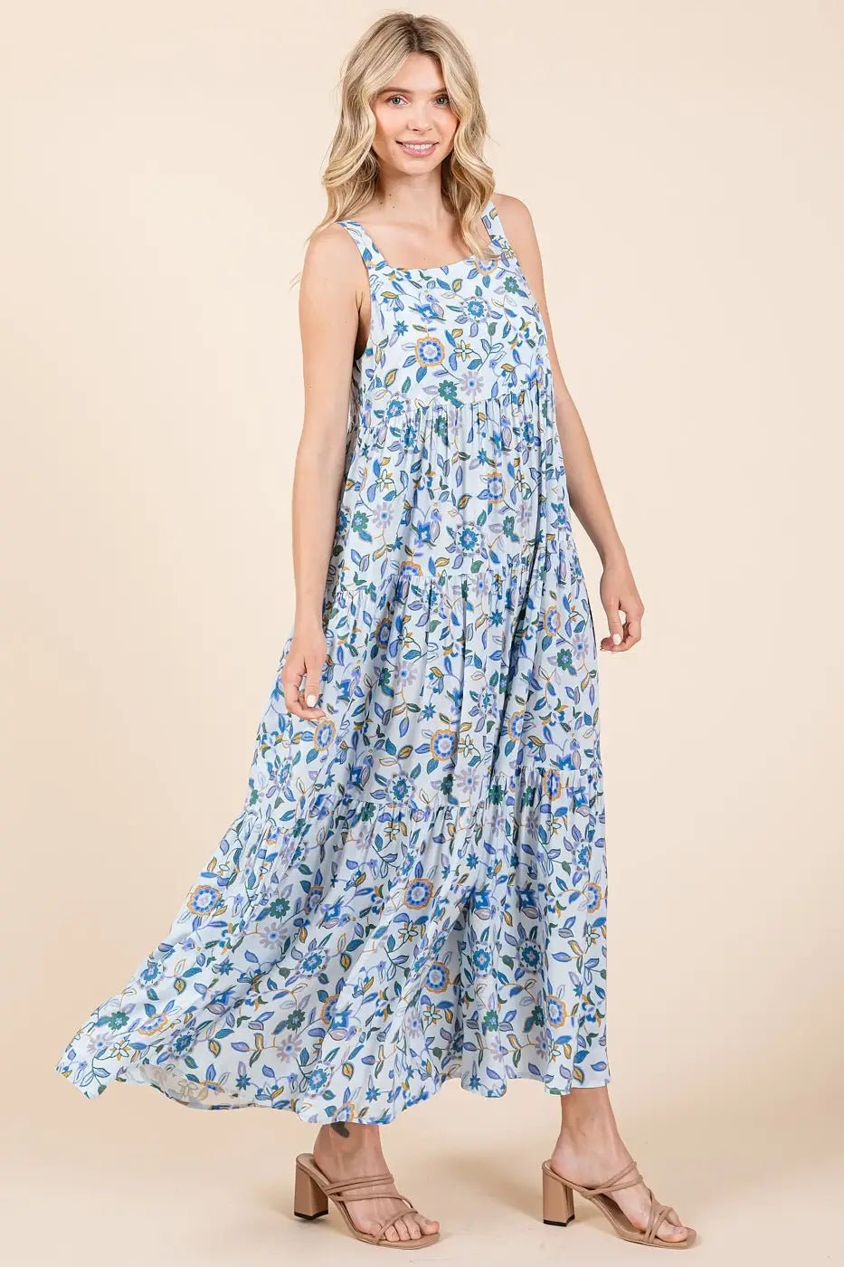 PinkBlush Blue Floral Sleeveless Tiered Maxi Dress - 