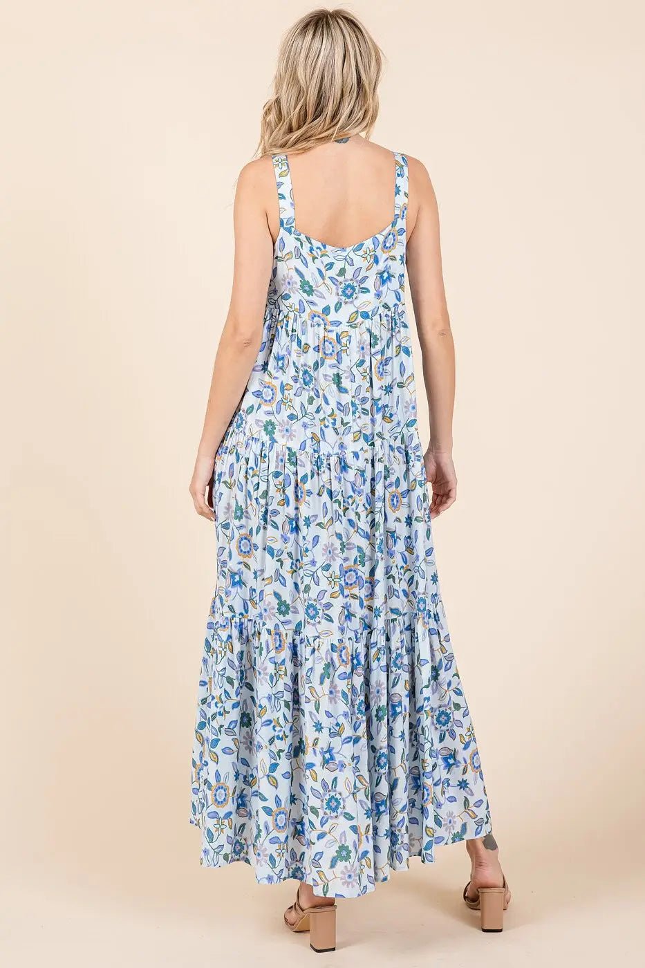 PinkBlush Blue Floral Sleeveless Tiered Maxi Dress - 